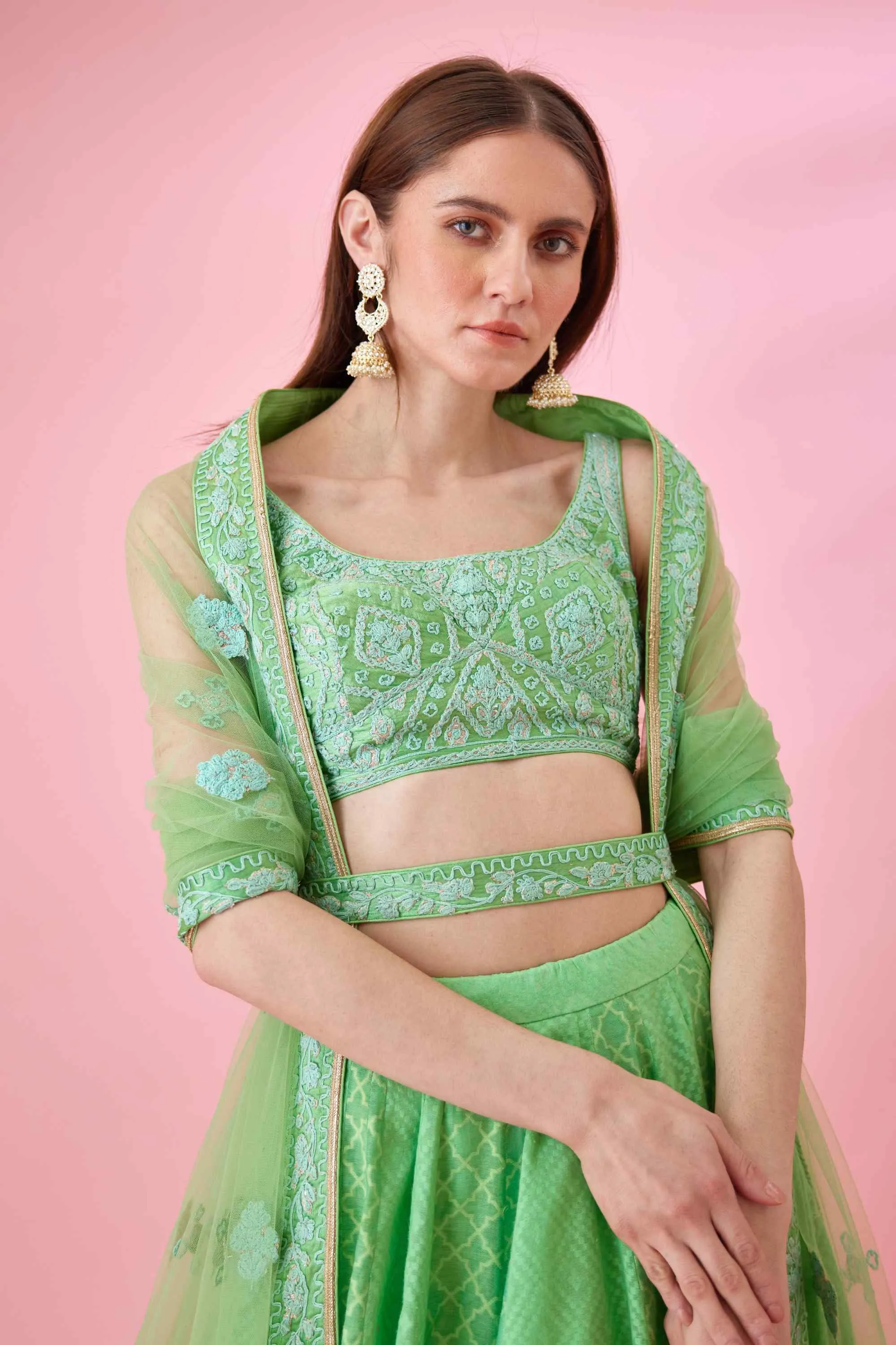 Irish green threadwork lehenga set