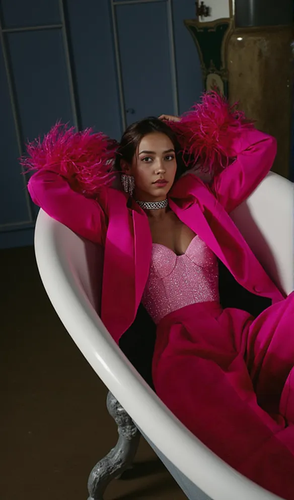 IRMA FEATHER TRIM BLAZER SUITS IN ROSE RED