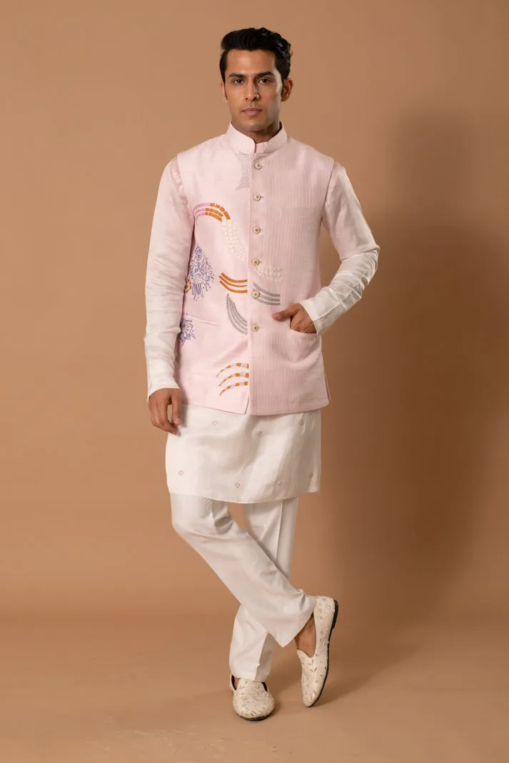 Ivory & Pastel Pink Bundi And Kurta Set