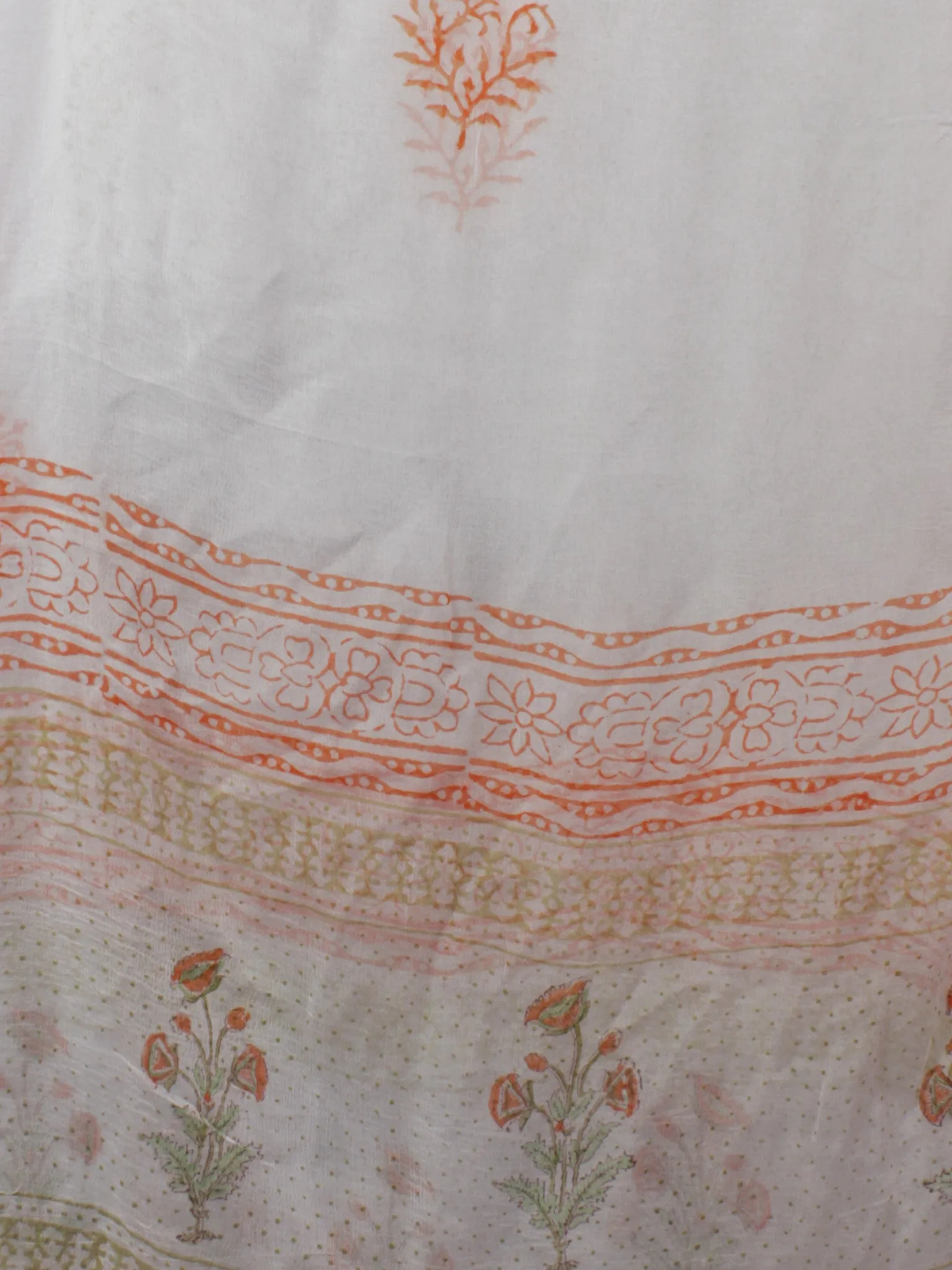 Ivory Green Orange Hand Block Printed Cotton Suit-Salwar Fabric With Chiffon Dupatta (Set of 3) - S16281302