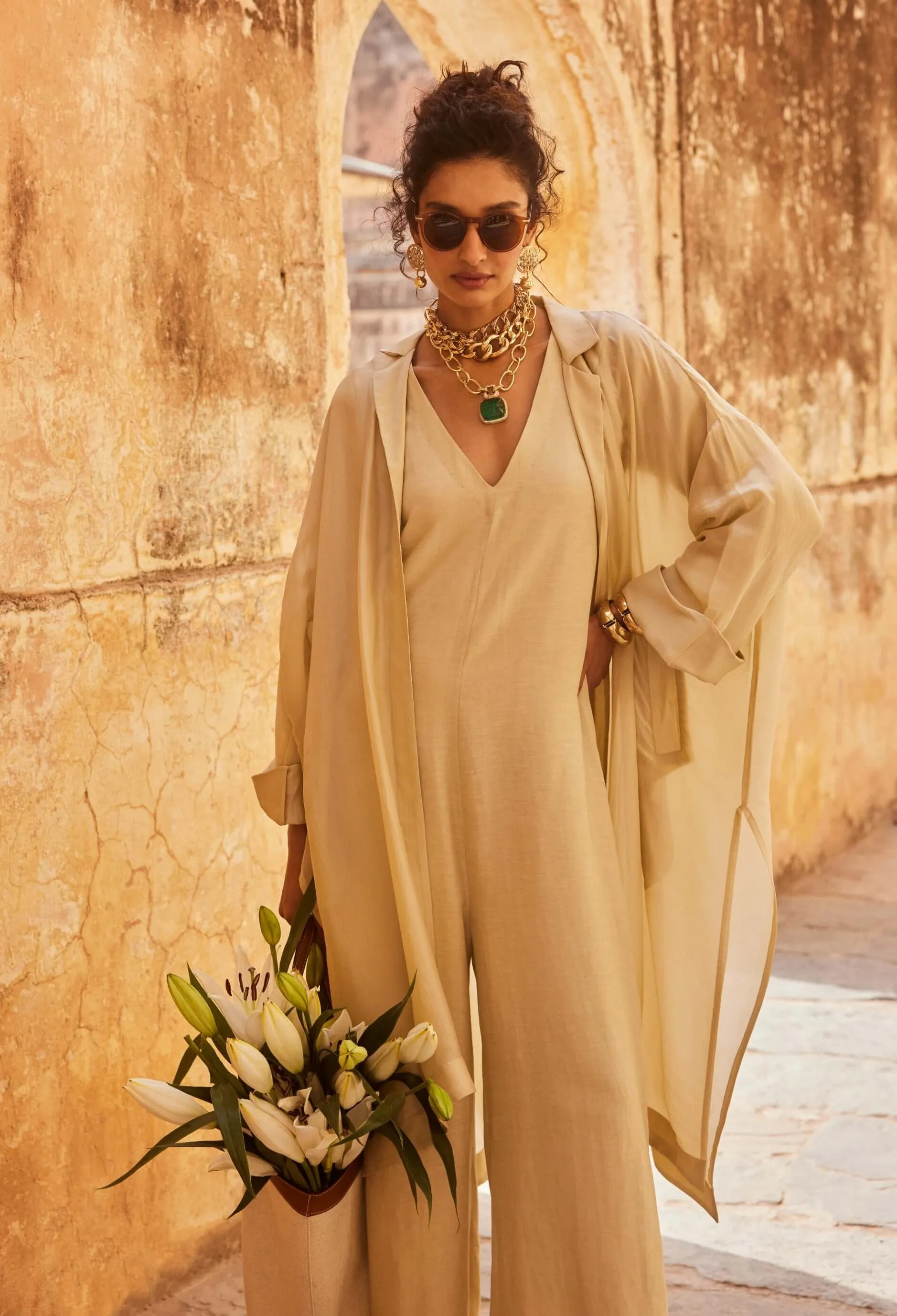 Ivory linen jacket and jumpsuit