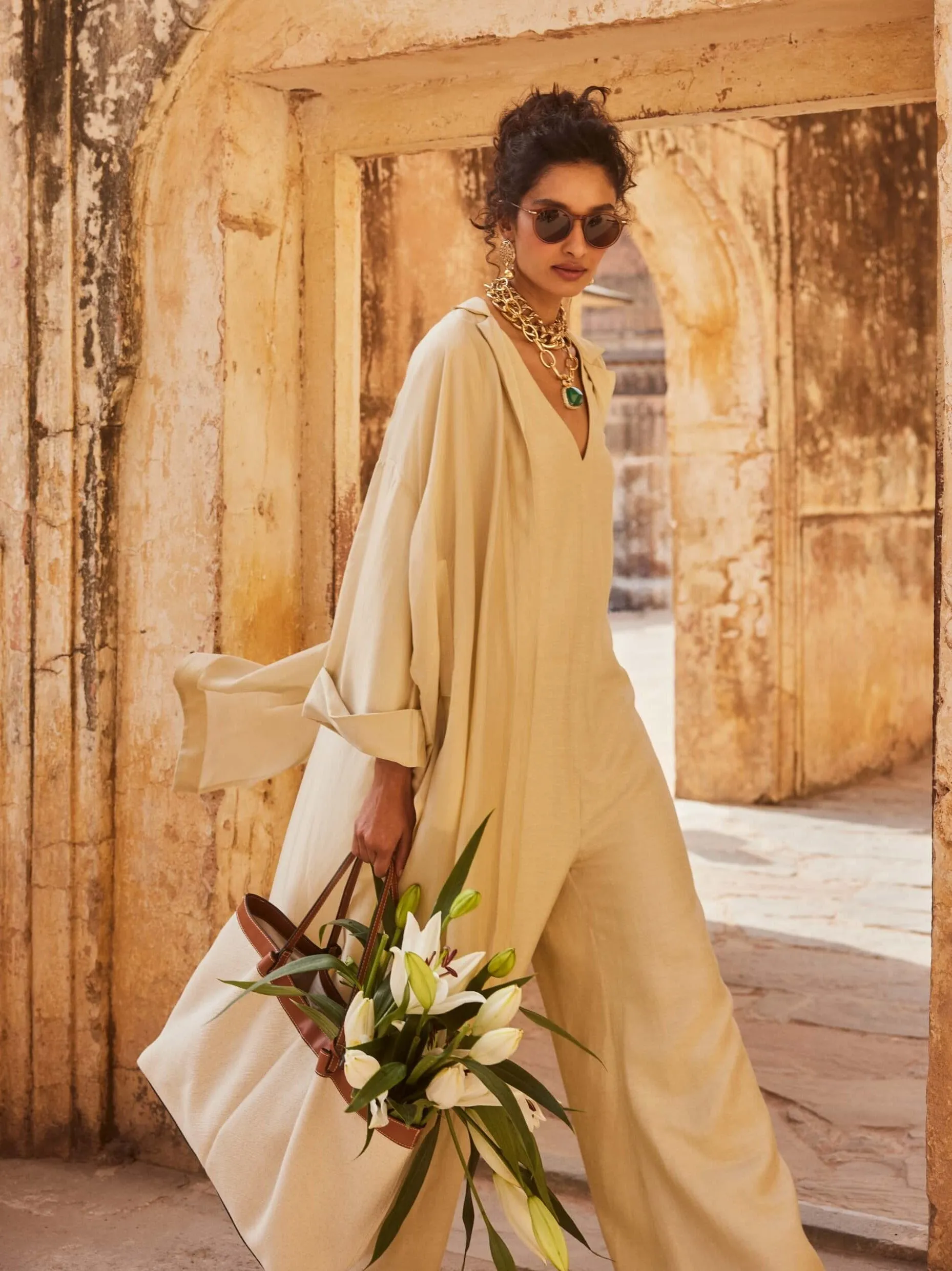 Ivory linen jacket and jumpsuit