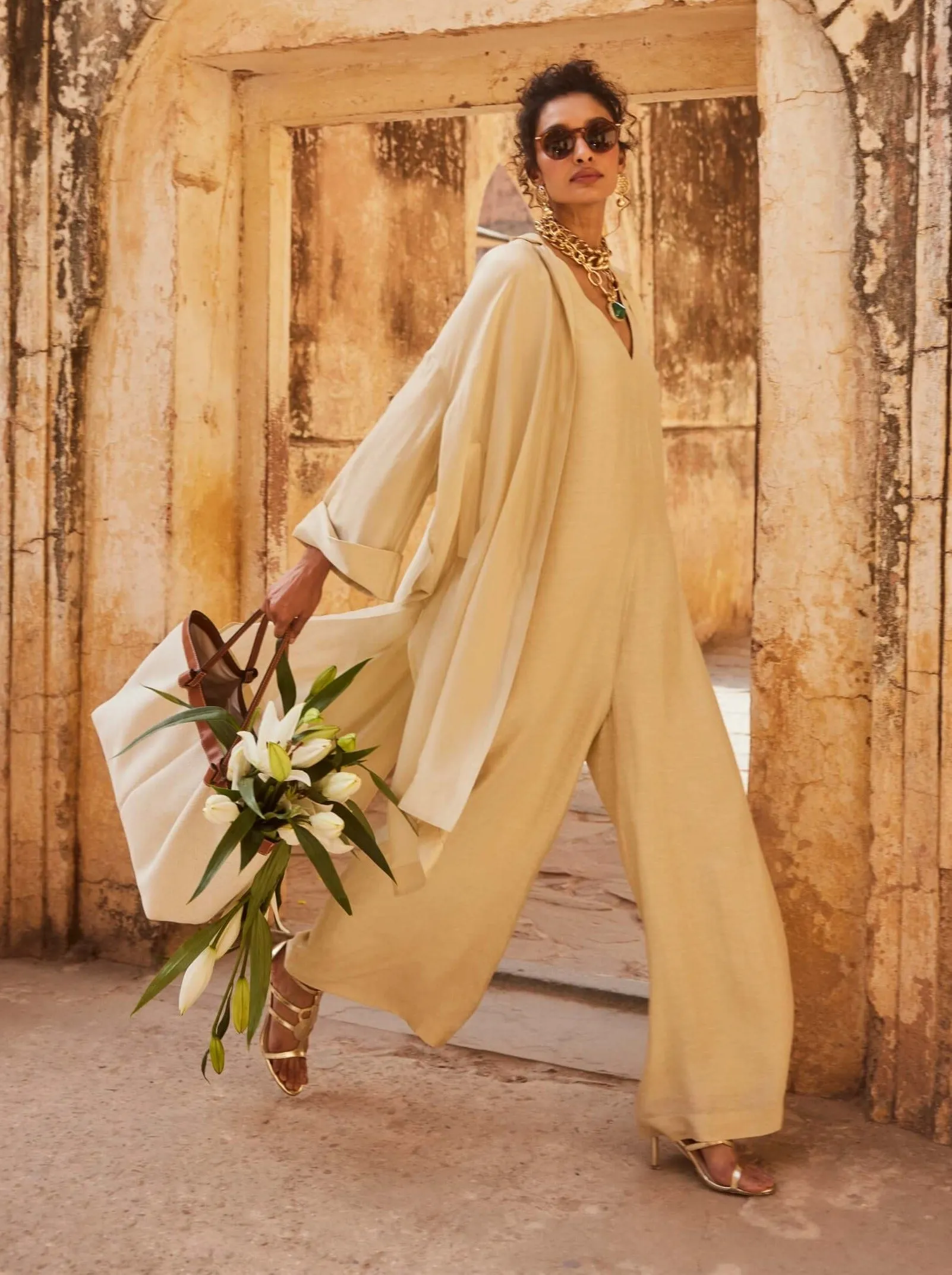 Ivory linen jacket and jumpsuit
