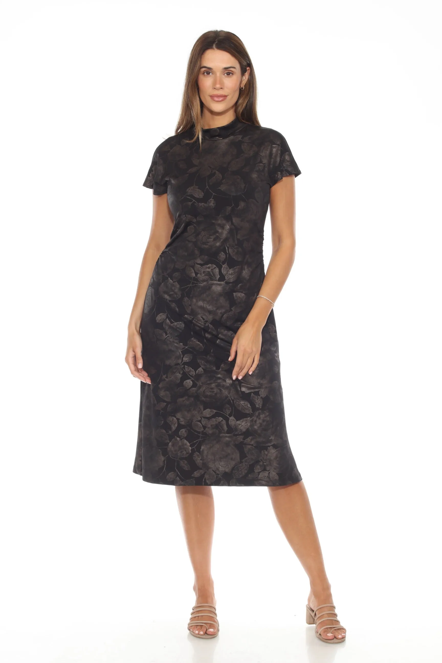 Joseph Ribkoff Black/Bronze Foiled Floral Midi A-Line Dress 244042