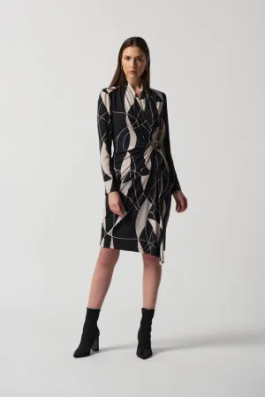 Joseph Ribkoff Black/Moonstone Geometric Print Faux Wrap Sheath Dress 233104