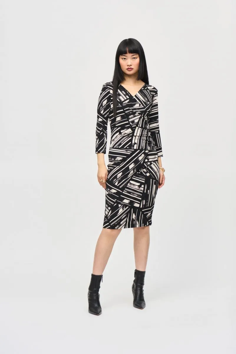 Joseph Ribkoff Black/Multi Abstract Stripe Faux Wrap Sheath Dress 243322