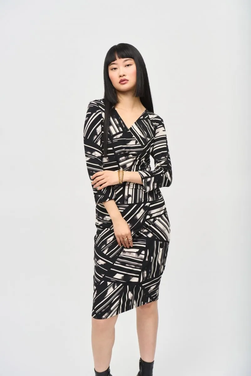 Joseph Ribkoff Black/Multi Abstract Stripe Faux Wrap Sheath Dress 243322