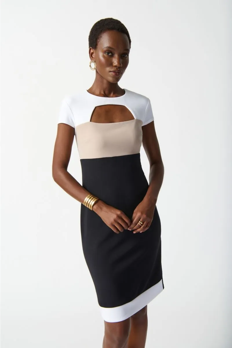 Joseph Ribkoff Black/Vanilla/Dune Tri-Tone Cutout Detail Sheath Dress 242156