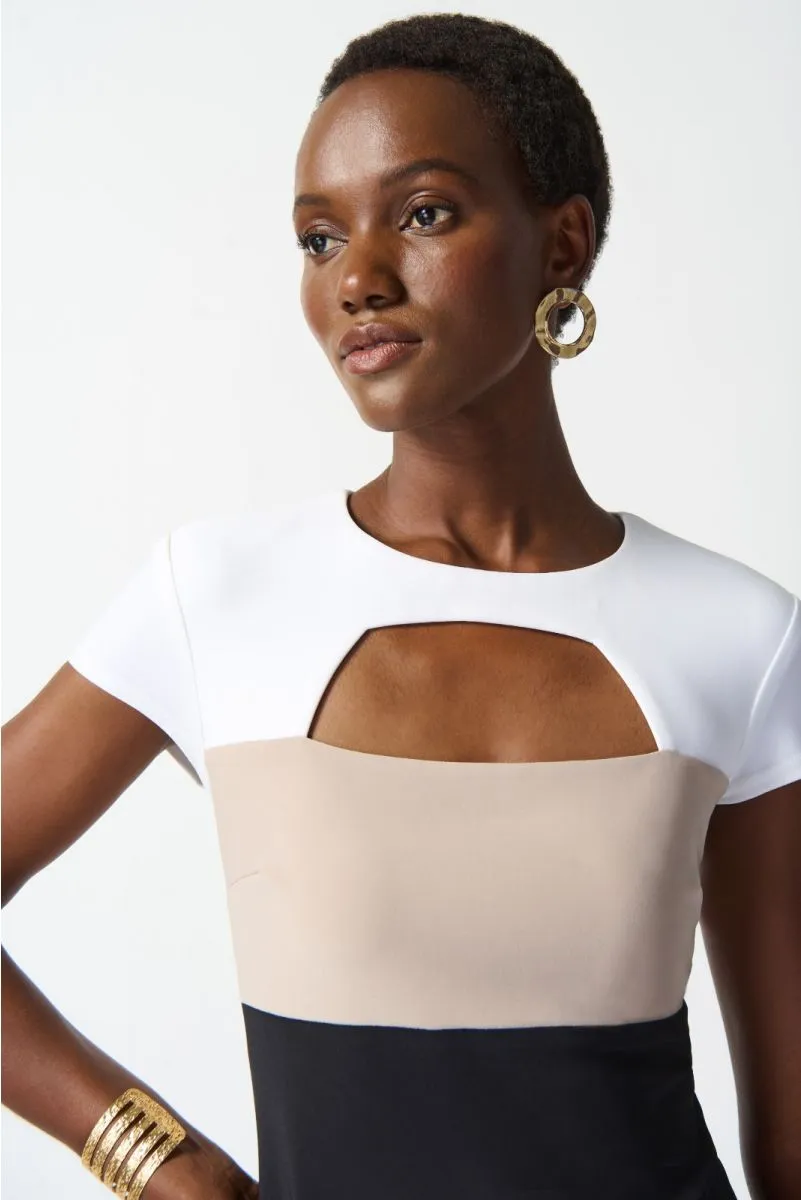 Joseph Ribkoff Black/Vanilla/Dune Tri-Tone Cutout Detail Sheath Dress 242156