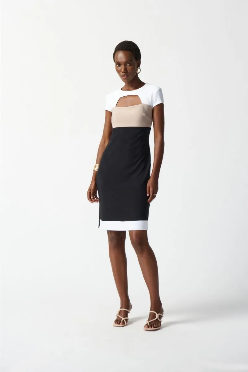 Joseph Ribkoff Black/Vanilla/Dune Tri-Tone Cutout Detail Sheath Dress 242156