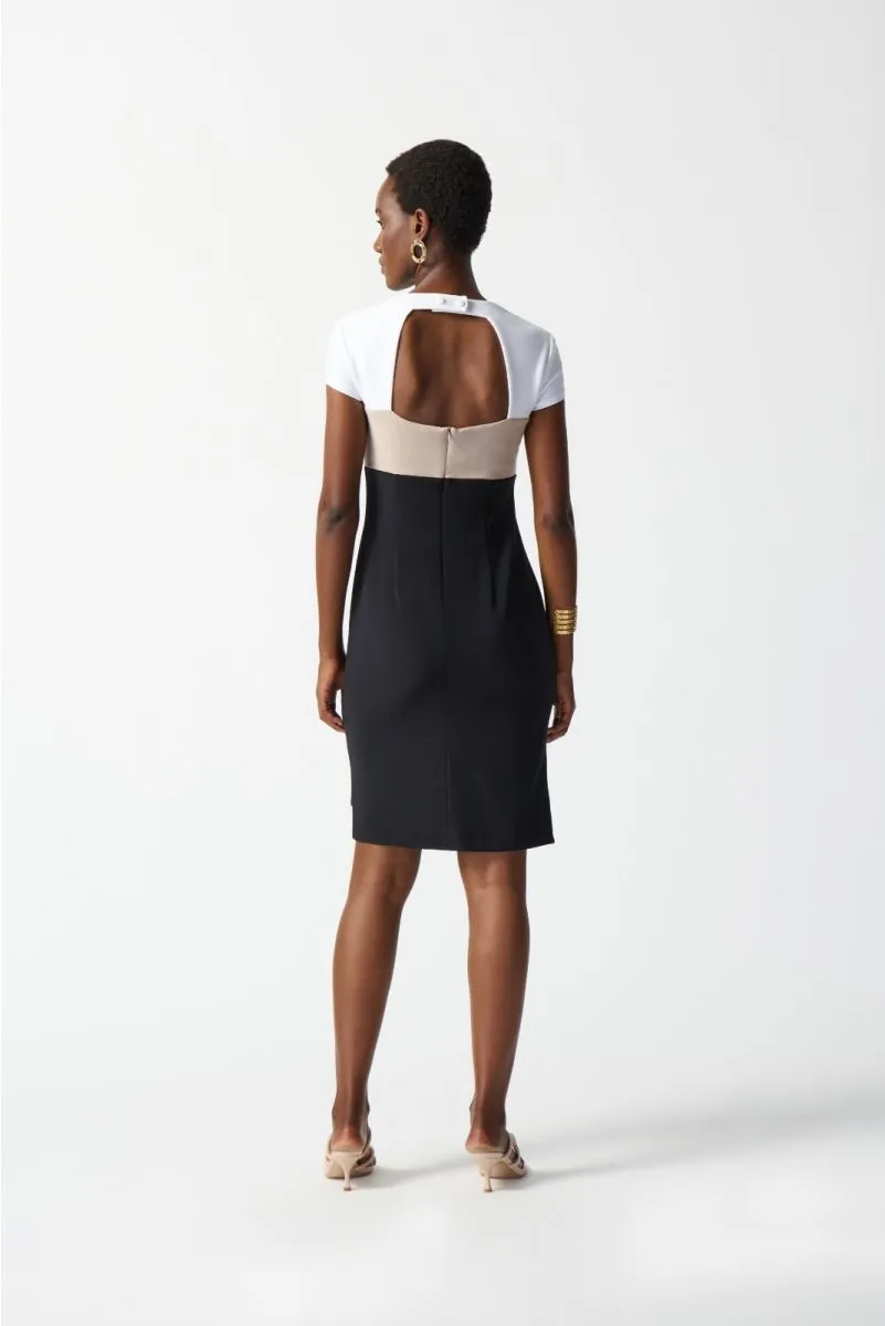 Joseph Ribkoff Black/Vanilla/Dune Tri-Tone Cutout Detail Sheath Dress 242156