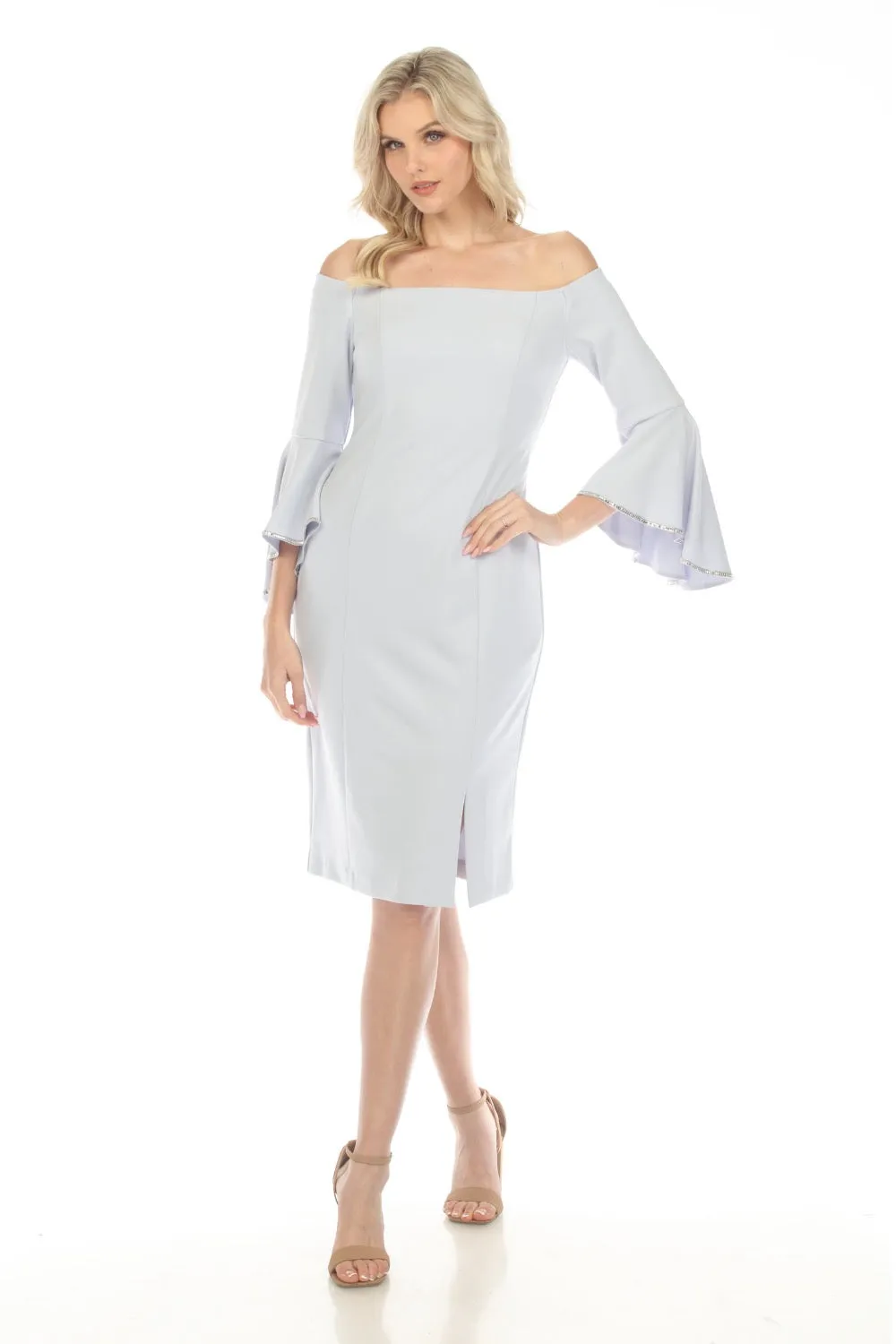 Joseph Ribkoff Celestial Blue Off-Shoulder Embellished Bell Sleeve Dress 241720