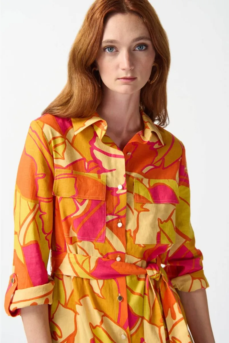 Joseph Ribkoff Pink/Multi Tropical Print Linen Blend Belted Shirt Dress 242912
