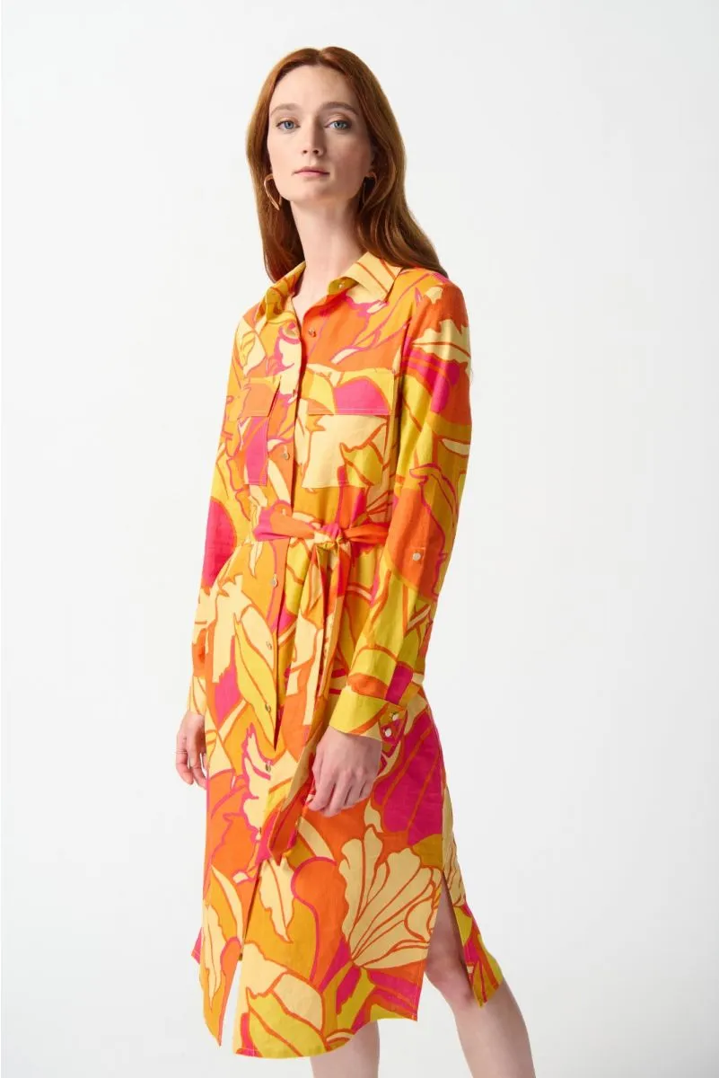 Joseph Ribkoff Pink/Multi Tropical Print Linen Blend Belted Shirt Dress 242912