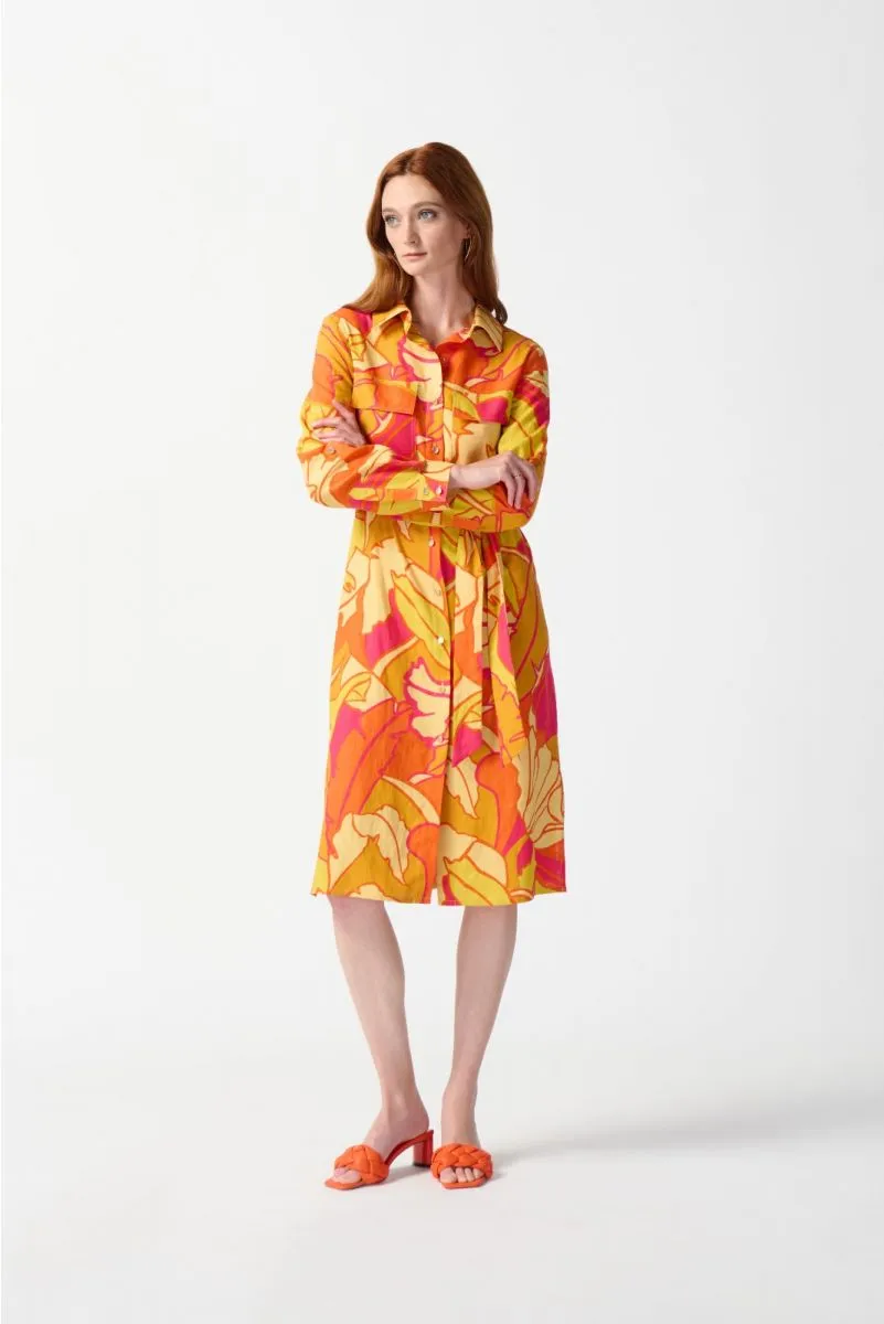 Joseph Ribkoff Pink/Multi Tropical Print Linen Blend Belted Shirt Dress 242912