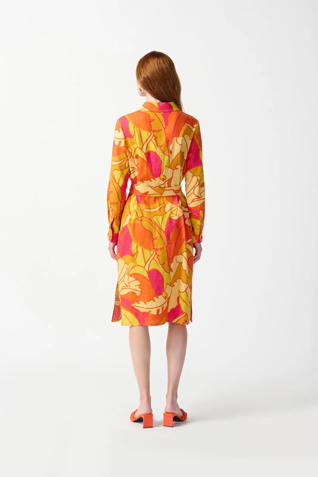 Joseph Ribkoff Pink/Multi Tropical Print Linen Blend Belted Shirt Dress 242912