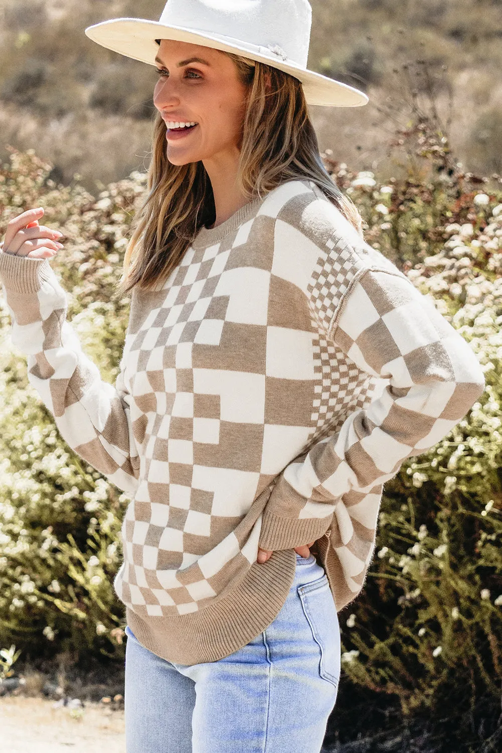 KaleaBoutique Checkered Print Drop Shoulder Round Neck Sweater