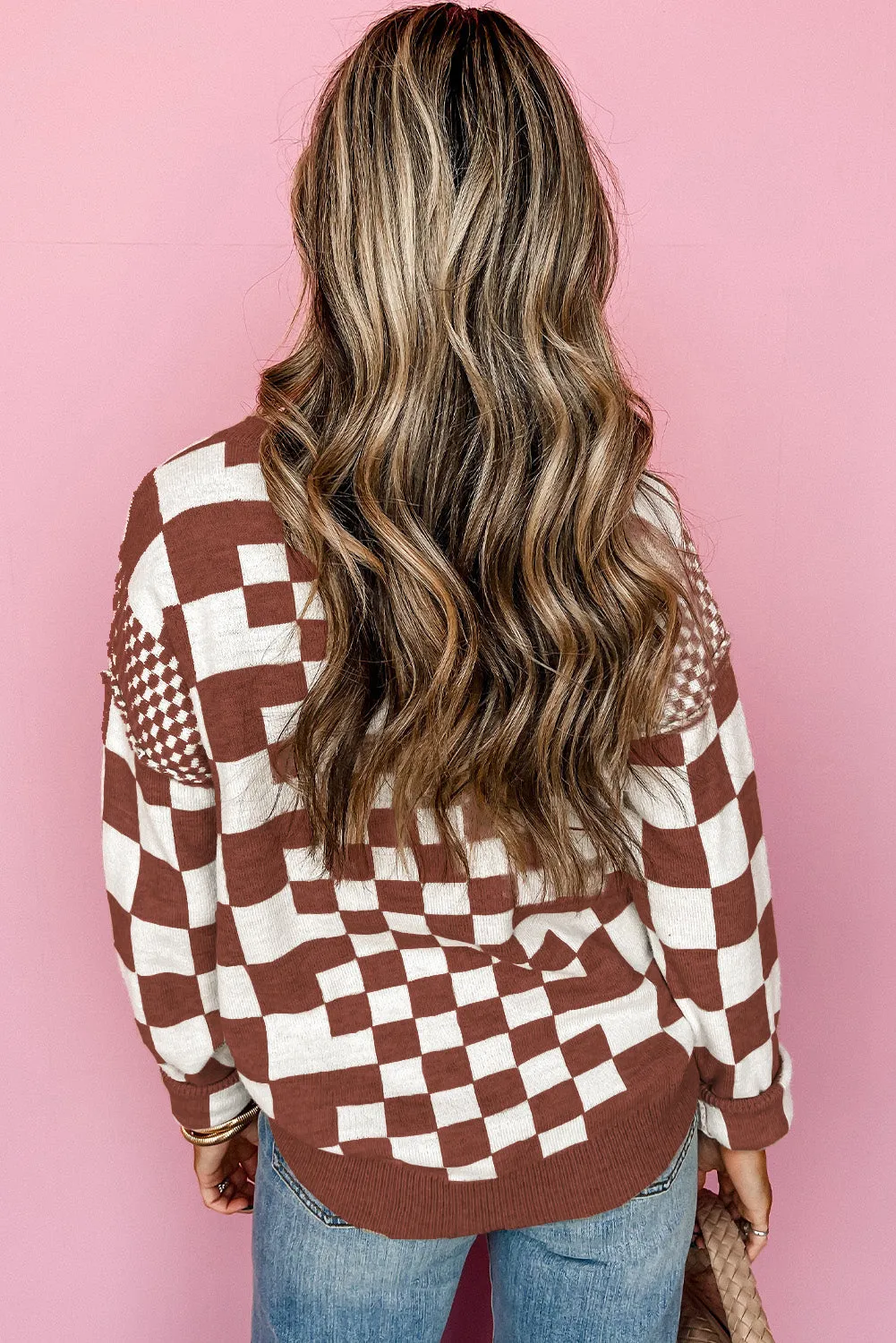 KaleaBoutique Checkered Print Drop Shoulder Round Neck Sweater