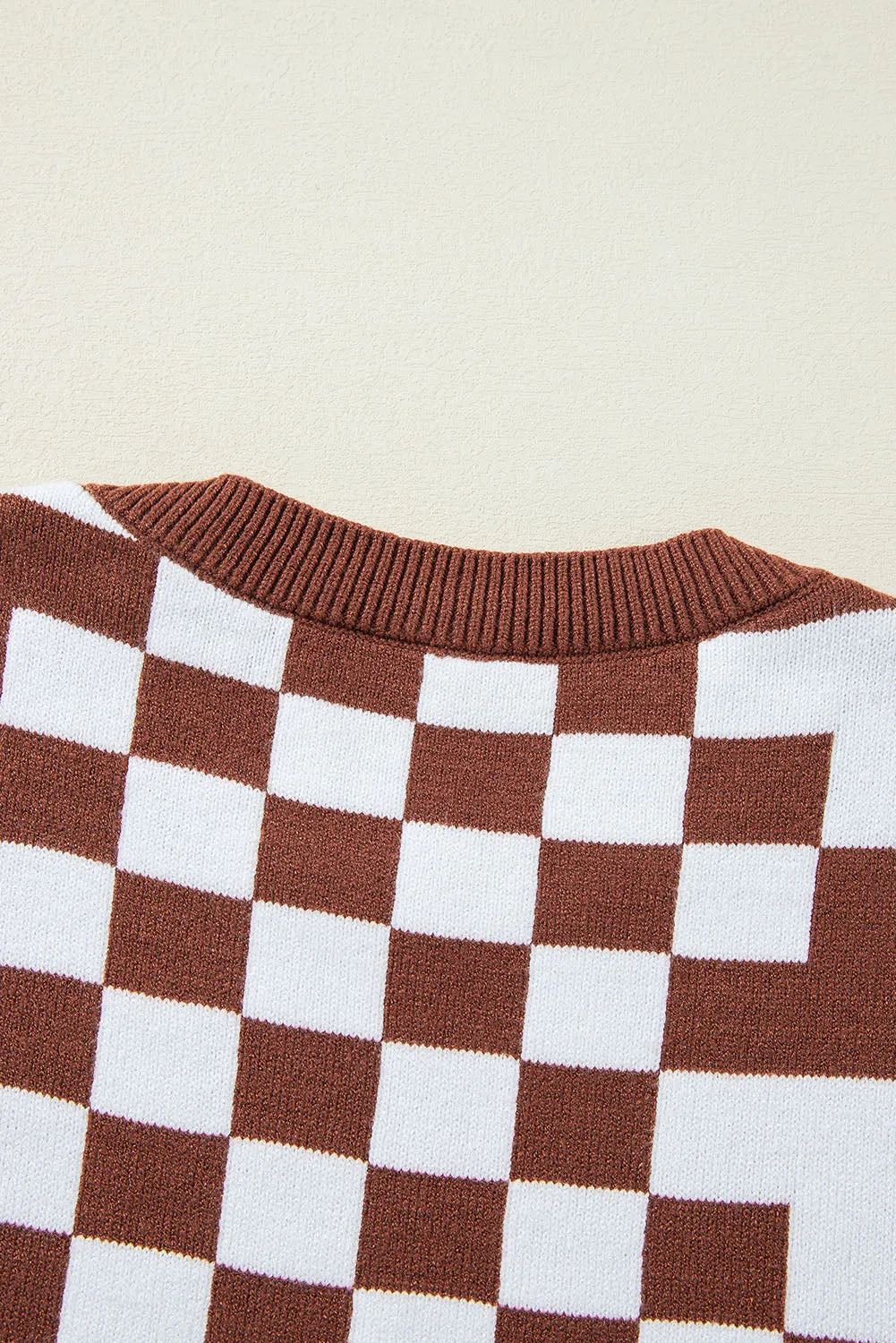 KaleaBoutique Checkered Print Drop Shoulder Round Neck Sweater