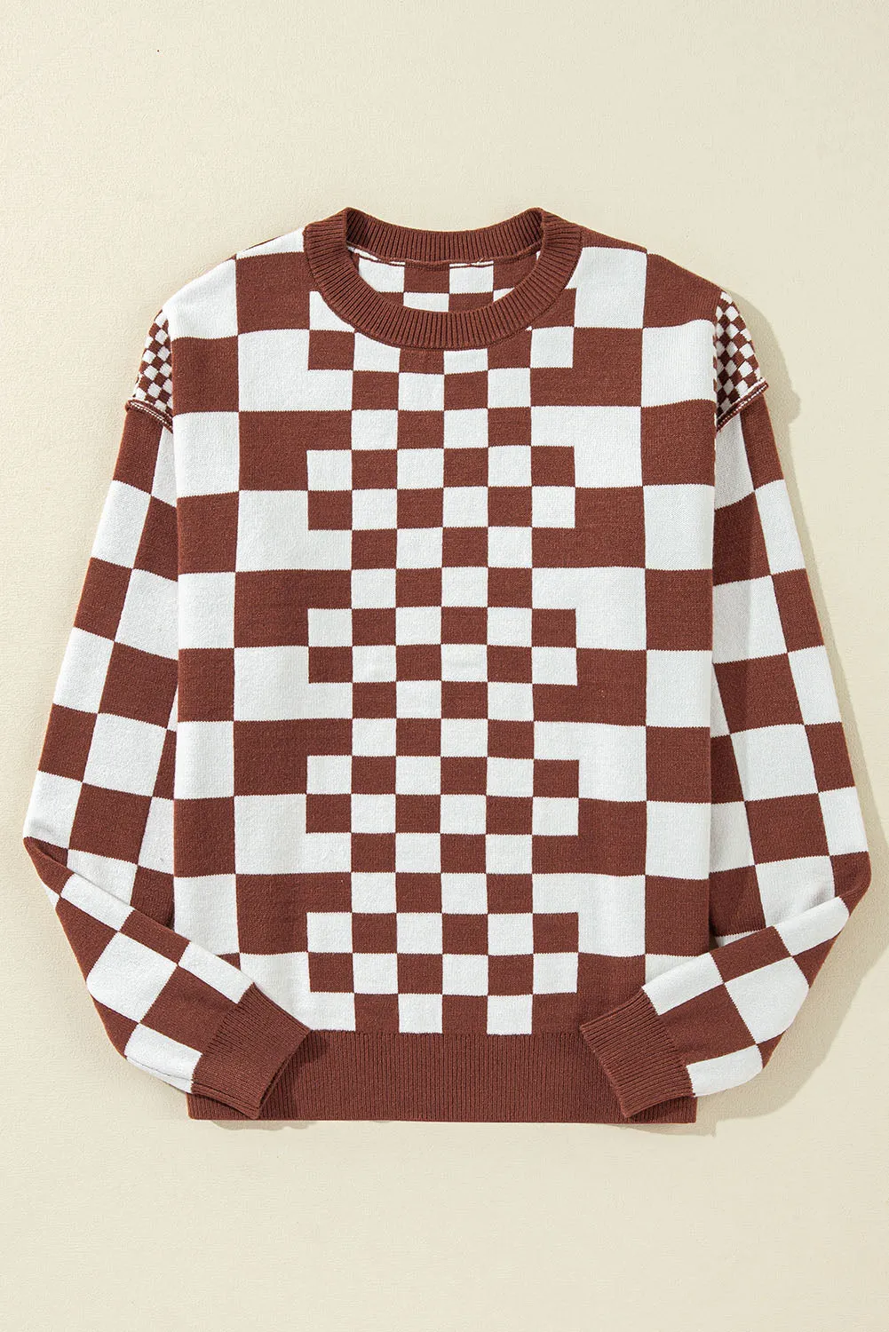 KaleaBoutique Checkered Print Drop Shoulder Round Neck Sweater