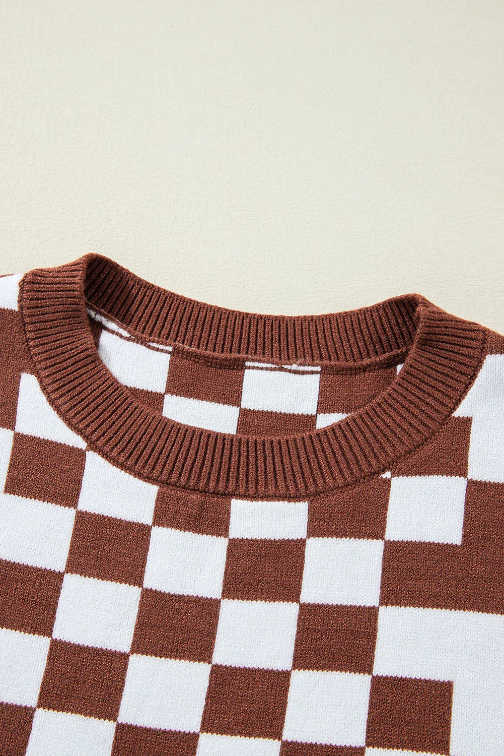 KaleaBoutique Checkered Print Drop Shoulder Round Neck Sweater