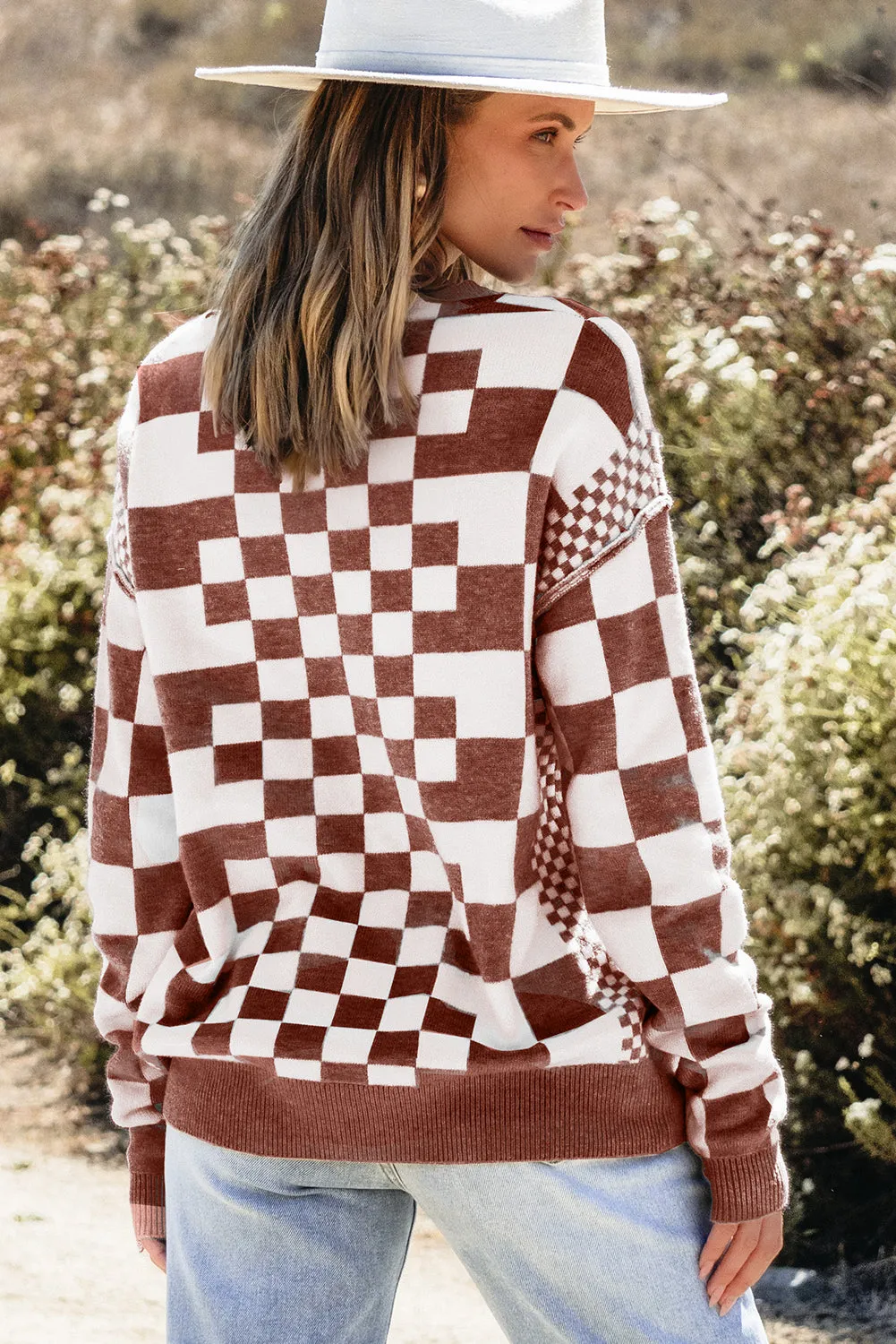 KaleaBoutique Checkered Print Drop Shoulder Round Neck Sweater