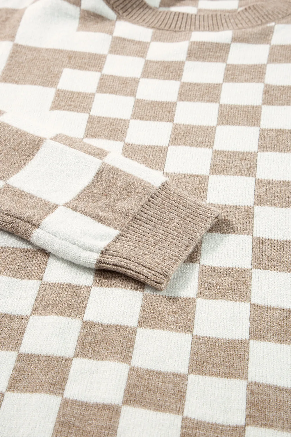 KaleaBoutique Checkered Print Drop Shoulder Round Neck Sweater