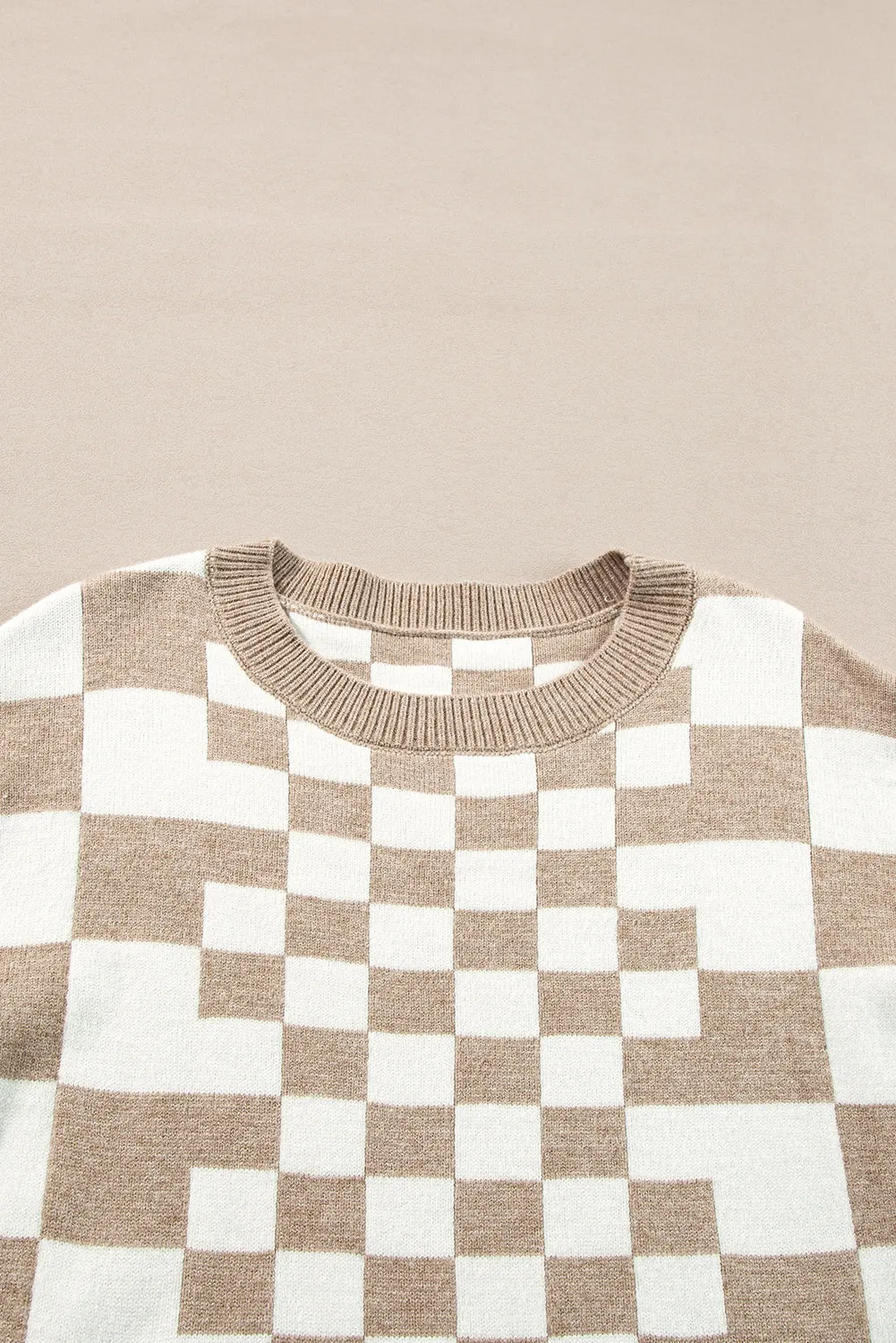 KaleaBoutique Checkered Print Drop Shoulder Round Neck Sweater