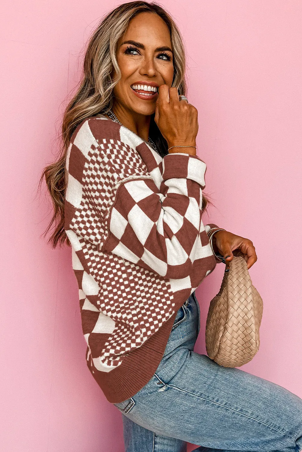 KaleaBoutique Checkered Print Drop Shoulder Round Neck Sweater