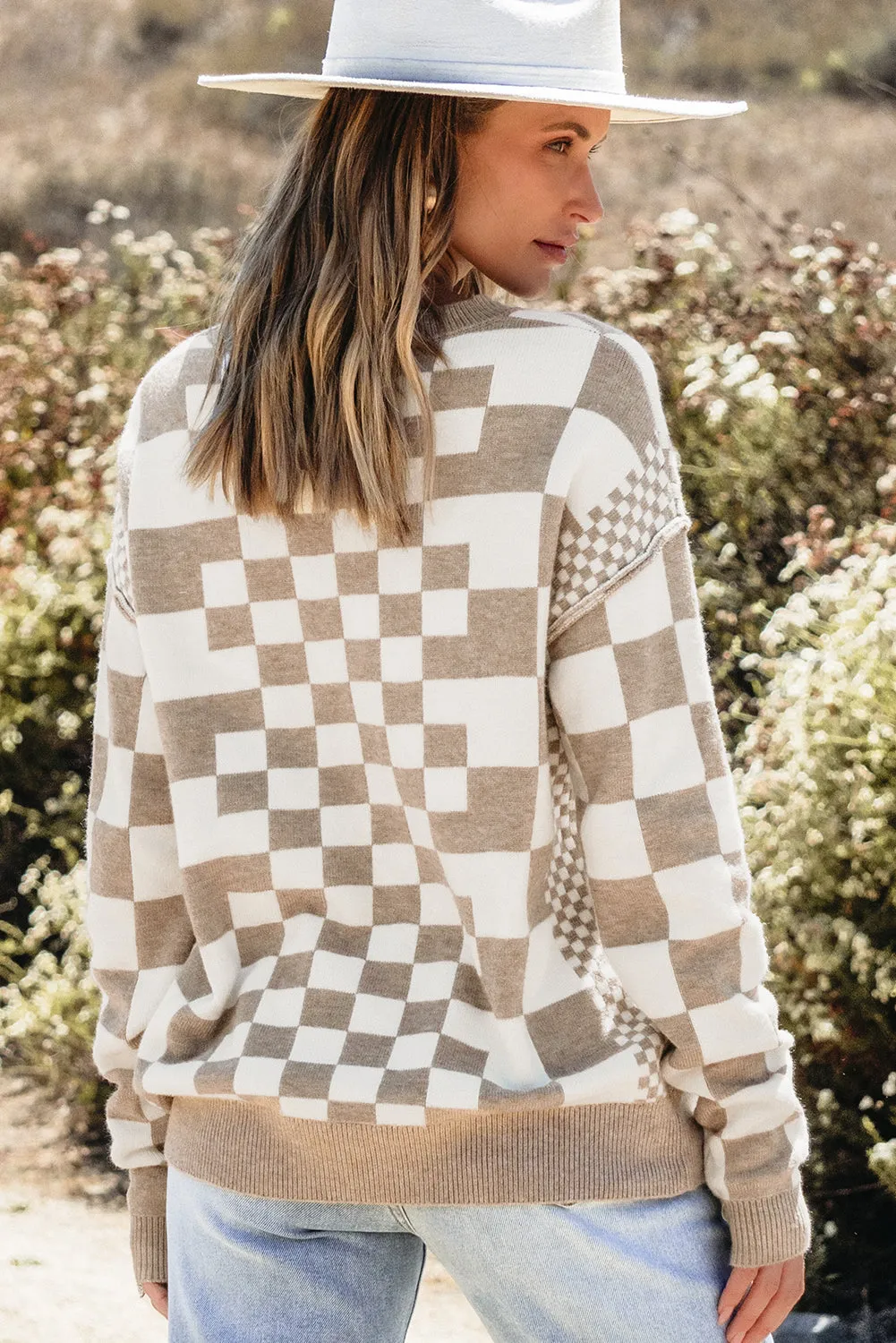 KaleaBoutique Checkered Print Drop Shoulder Round Neck Sweater