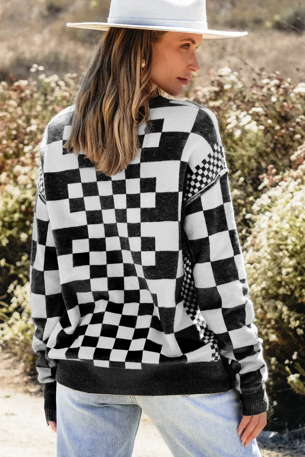 KaleaBoutique Checkered Print Drop Shoulder Round Neck Sweater
