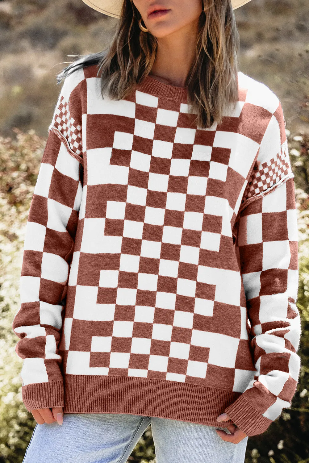 KaleaBoutique Checkered Print Drop Shoulder Round Neck Sweater