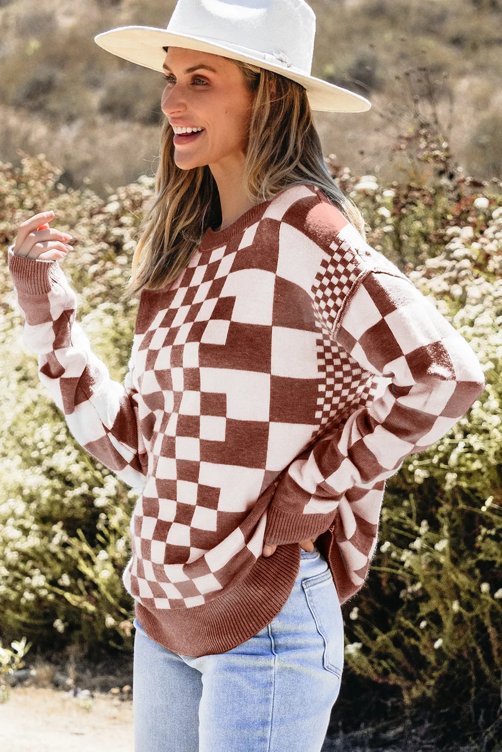 KaleaBoutique Checkered Print Drop Shoulder Round Neck Sweater