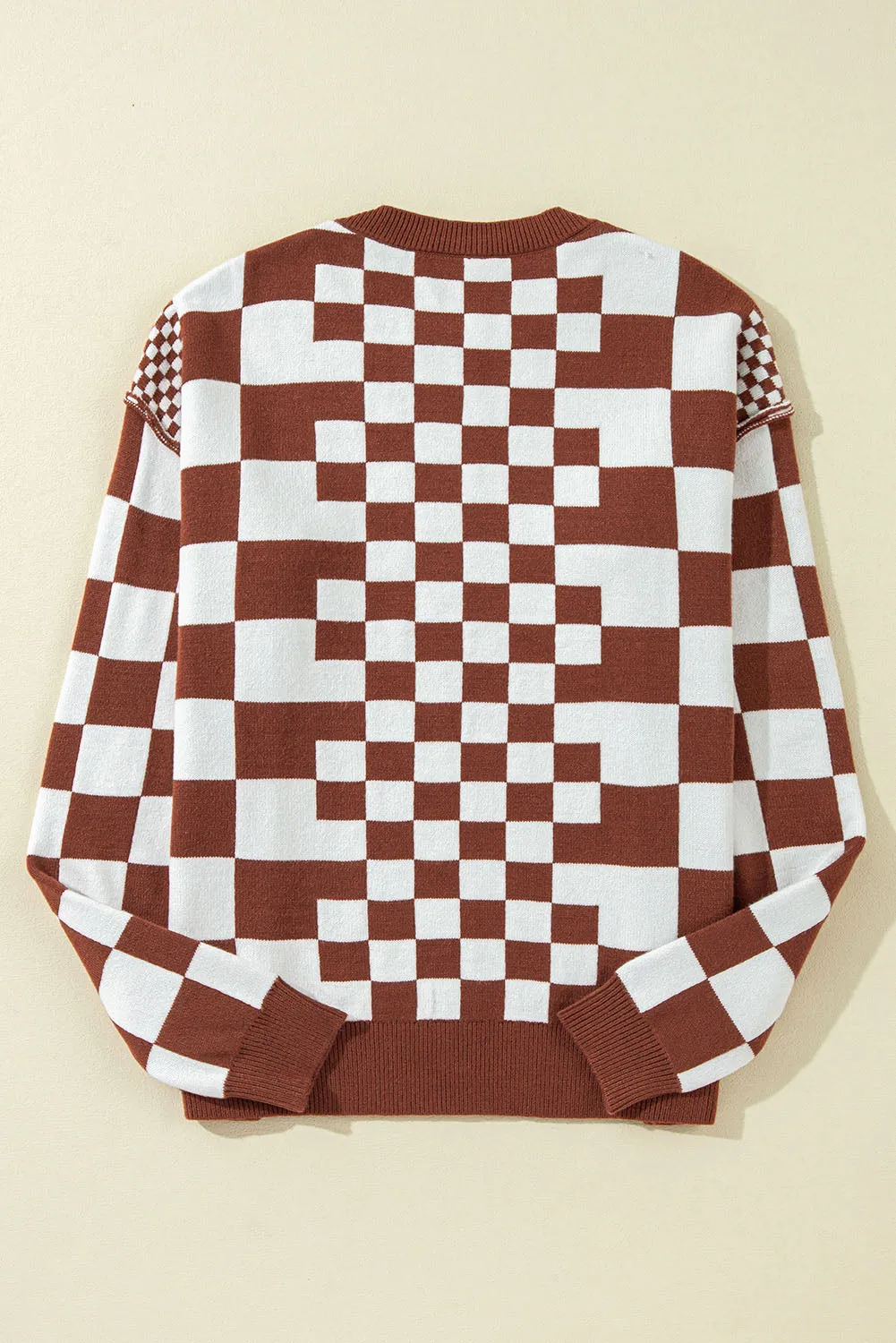 KaleaBoutique Checkered Print Drop Shoulder Round Neck Sweater