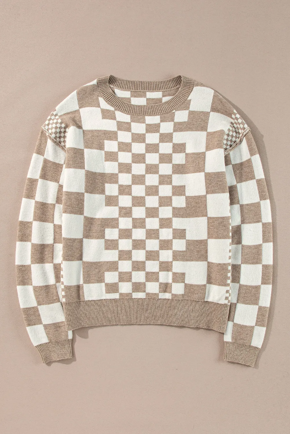 KaleaBoutique Checkered Print Drop Shoulder Round Neck Sweater