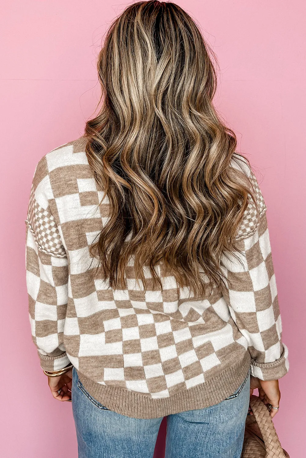 KaleaBoutique Checkered Print Drop Shoulder Round Neck Sweater