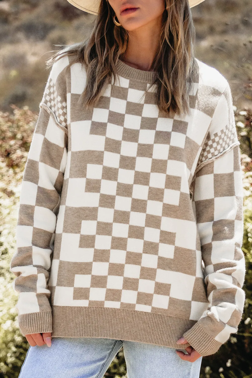 KaleaBoutique Checkered Print Drop Shoulder Round Neck Sweater