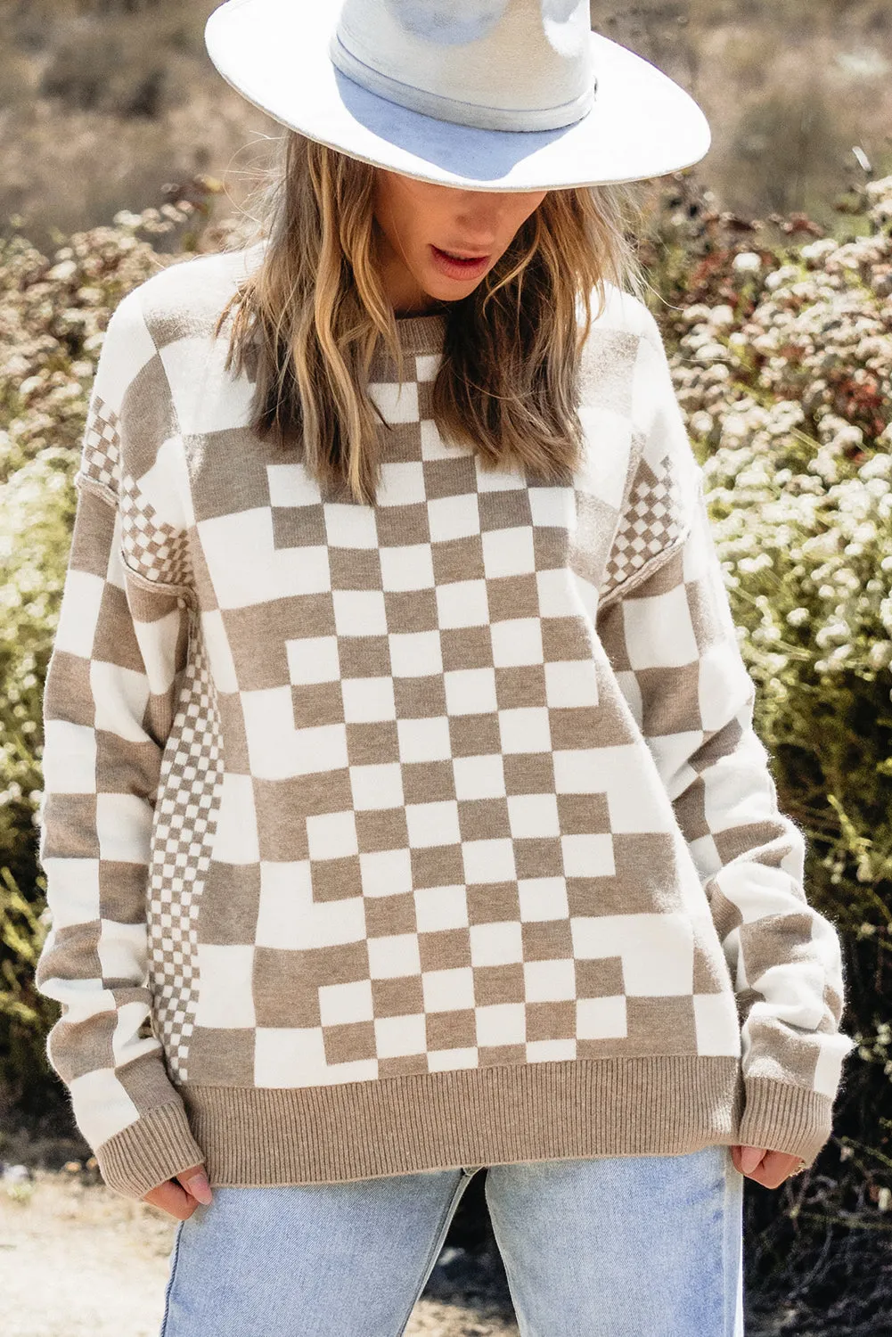 KaleaBoutique Checkered Print Drop Shoulder Round Neck Sweater