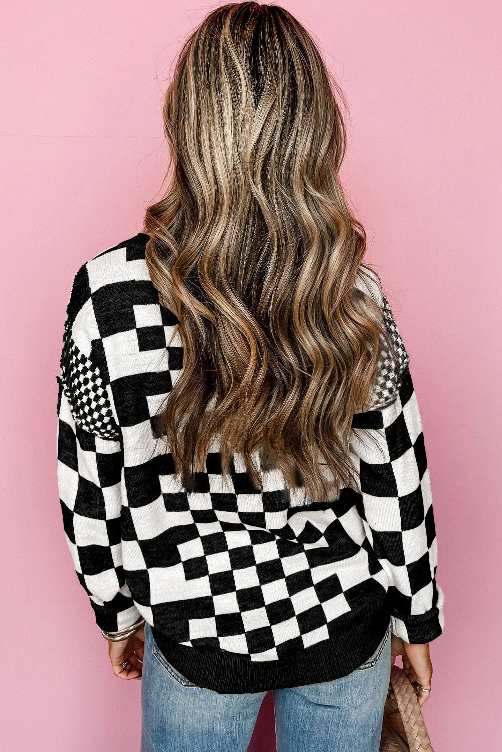 KaleaBoutique Checkered Print Drop Shoulder Round Neck Sweater