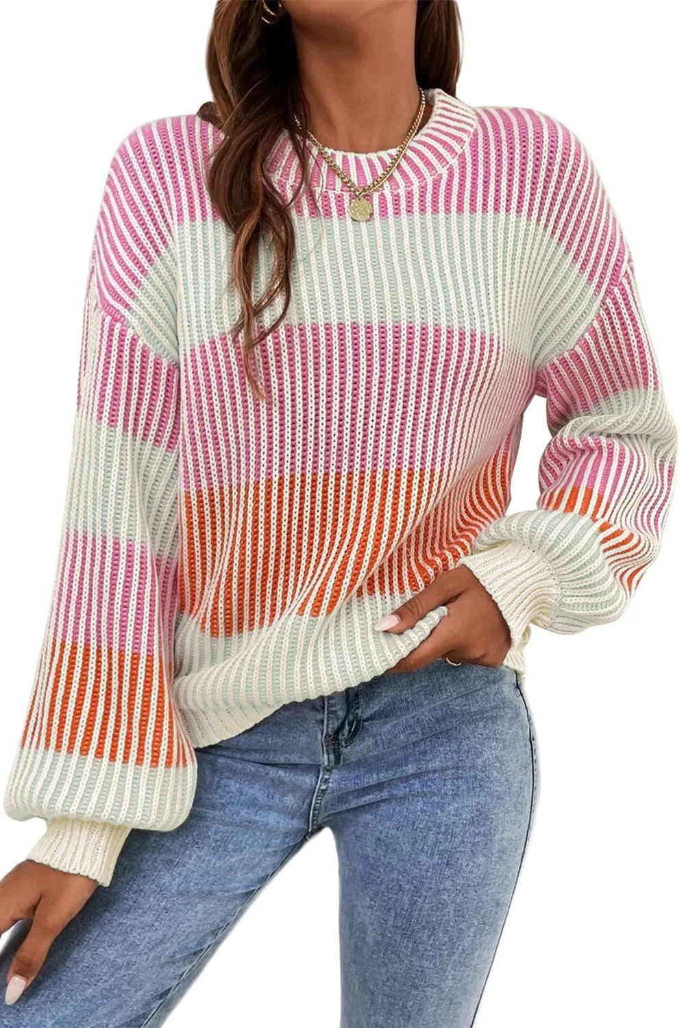 KaleaBoutique Colorblock Textured Knit Bubble Sleeve Sweater