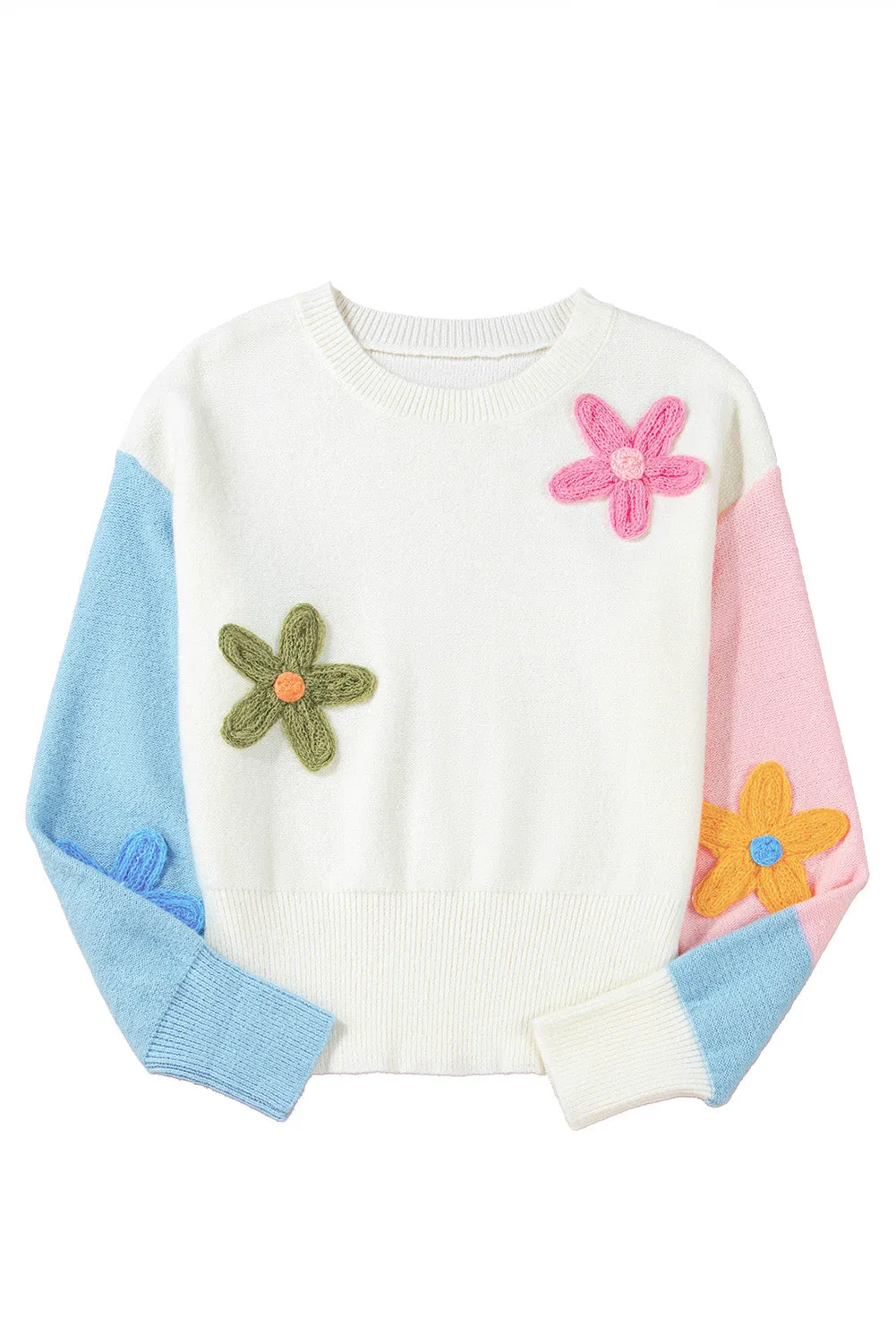 KaleaBoutique Floral Embroidered Colorblock Fuzzy Drop Shoulder Sweater