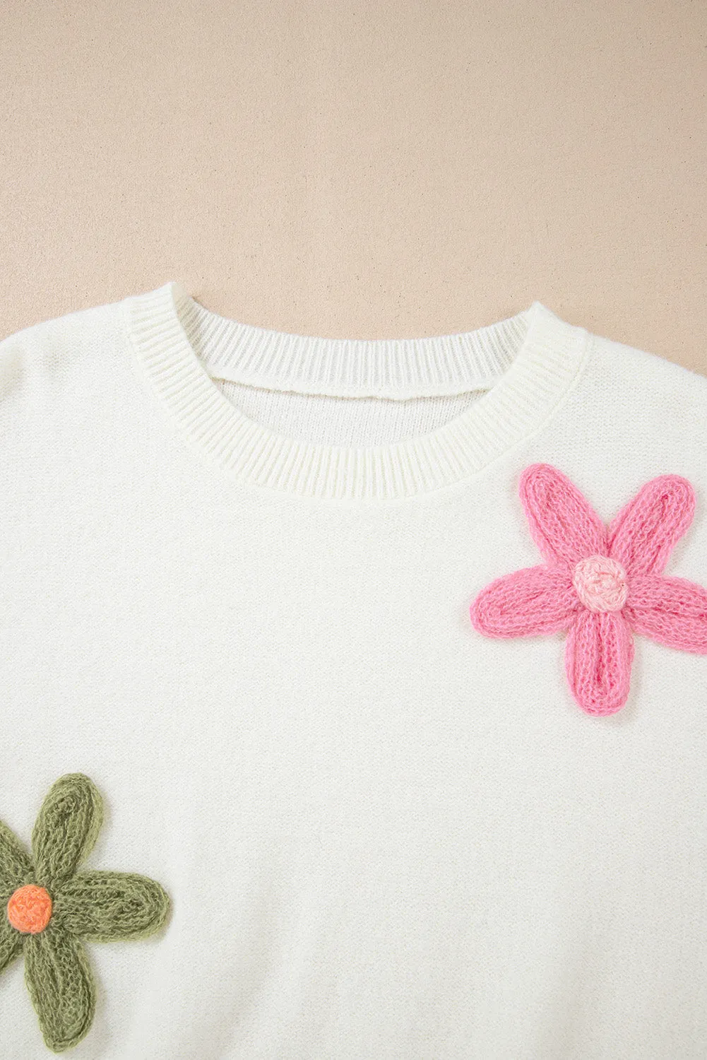 KaleaBoutique Floral Embroidered Colorblock Fuzzy Drop Shoulder Sweater