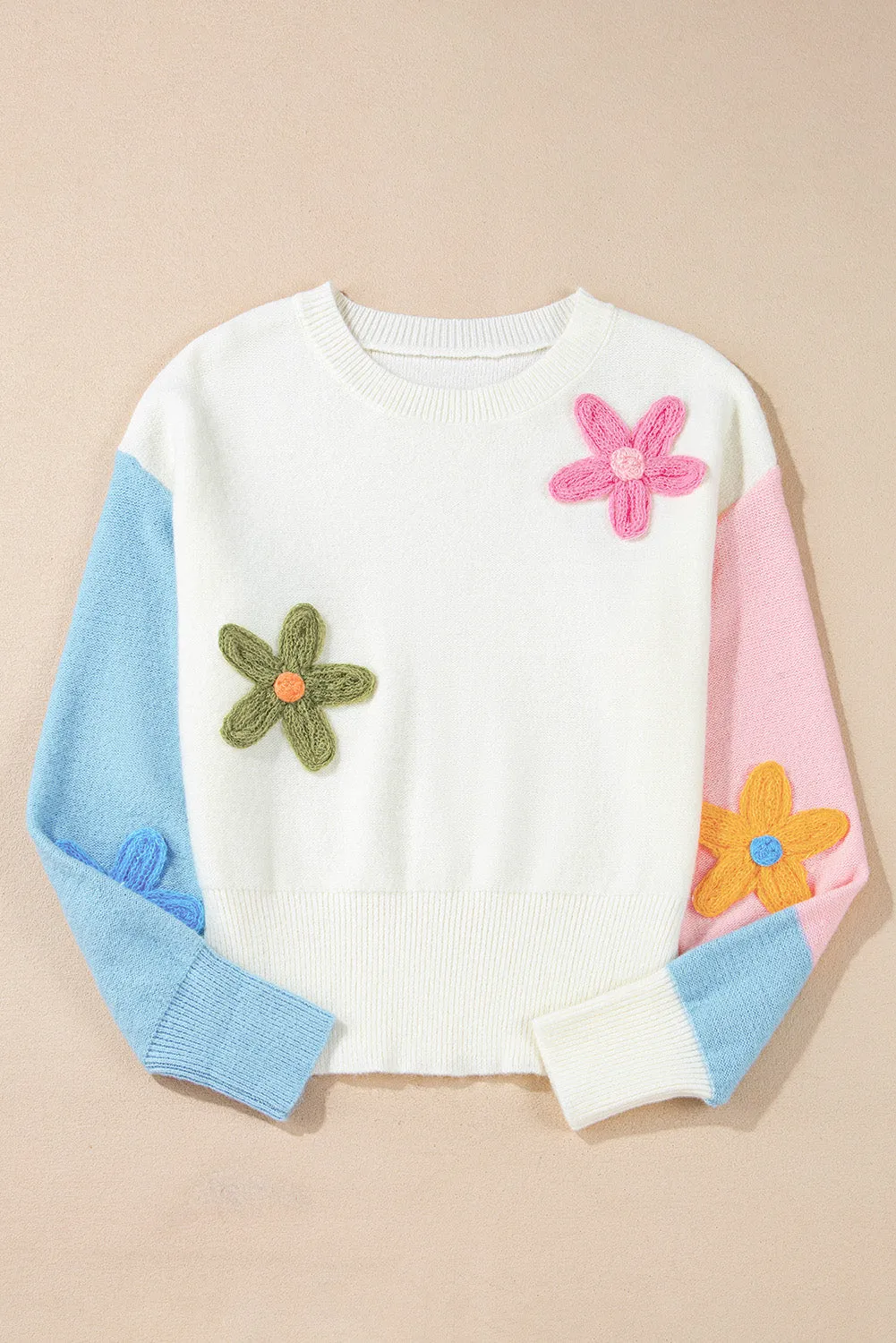 KaleaBoutique Floral Embroidered Colorblock Fuzzy Drop Shoulder Sweater