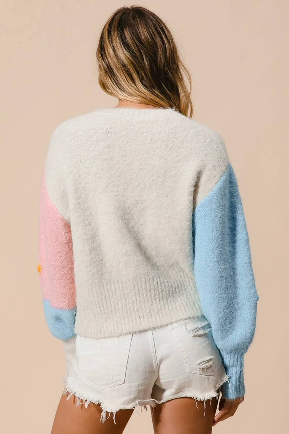 KaleaBoutique Floral Embroidered Colorblock Fuzzy Drop Shoulder Sweater