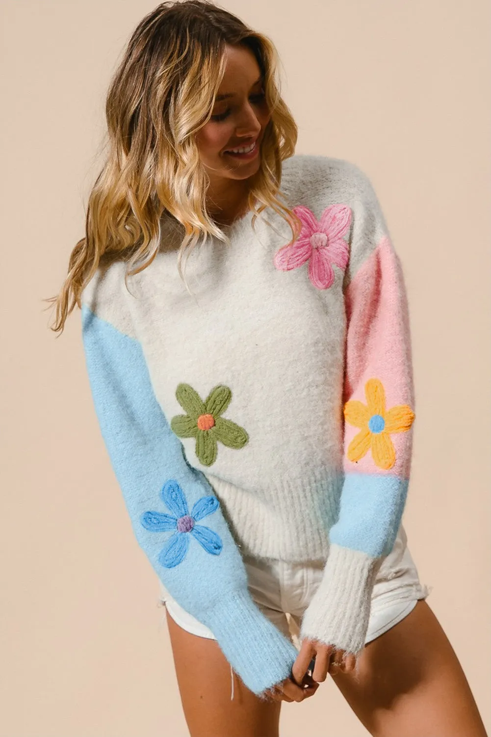 KaleaBoutique Floral Embroidered Colorblock Fuzzy Drop Shoulder Sweater