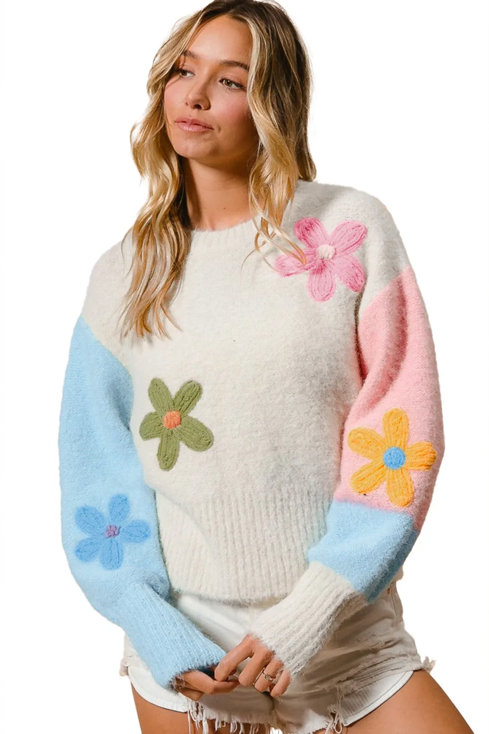 KaleaBoutique Floral Embroidered Colorblock Fuzzy Drop Shoulder Sweater