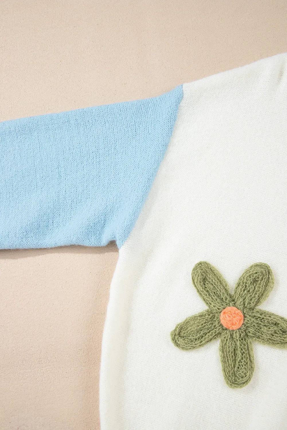 KaleaBoutique Floral Embroidered Colorblock Fuzzy Drop Shoulder Sweater