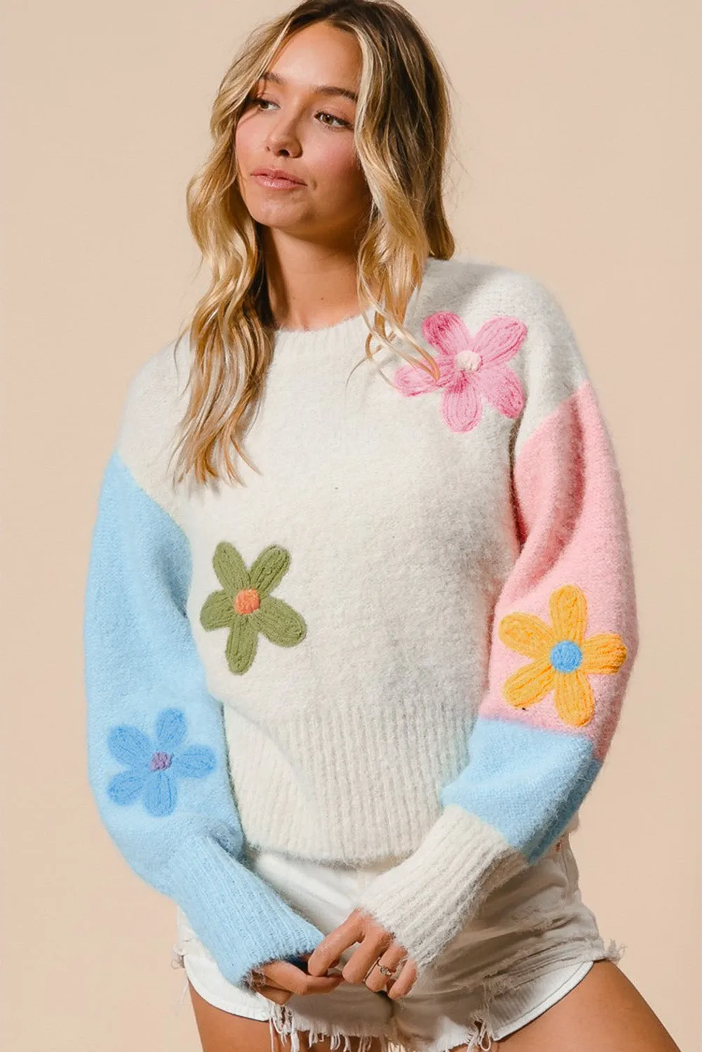 KaleaBoutique Floral Embroidered Colorblock Fuzzy Drop Shoulder Sweater