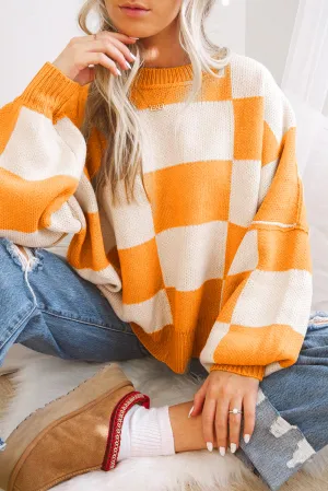 KaleaBoutique Orange Checkered Bishop Sleeve Sweater