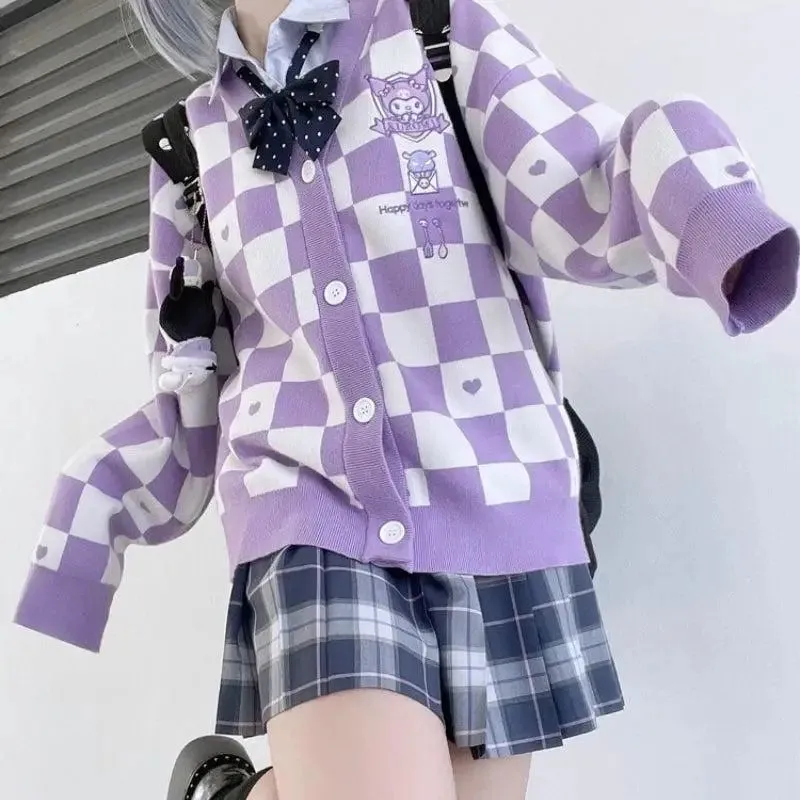 Kawaii Kuromi Cardigan Jacket in Purple with Checked Hearts